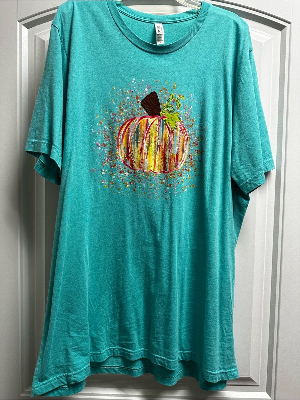 Bella Canvas Turquoise Short Sleeve Tee with Multicolor Pumpkin Graphic Xl